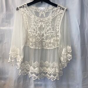 Shyanne Ivory Sheer Mesh Lace Embroidered Boho Cottagecore Bell Sleeve Top Sz Sm